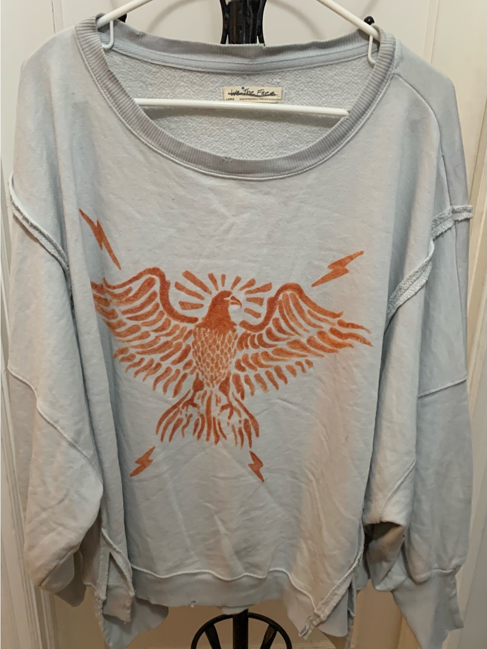 We The Free Light Blue Pullover Sweatshirt with Orange Eagle Size Large